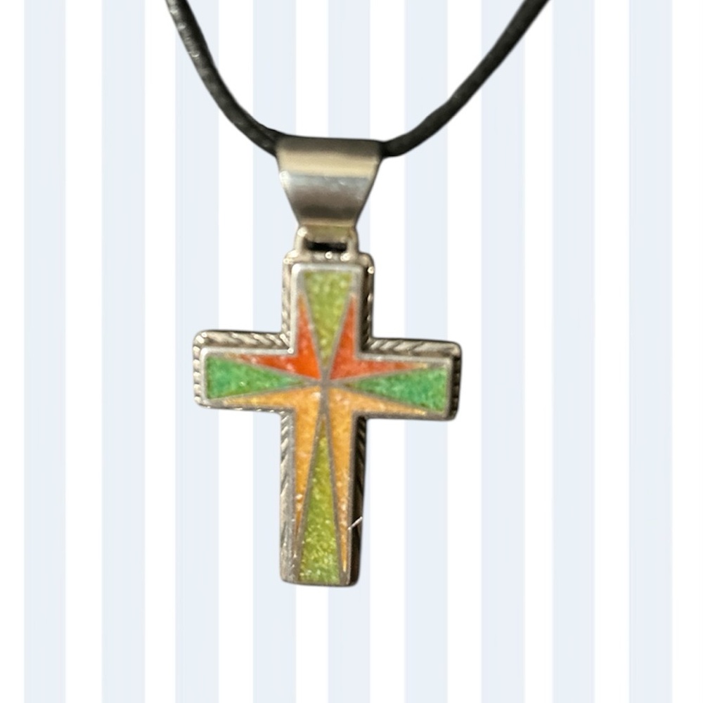 Carolyn Pollack Relios 925 Sterling Silver Multistone Mosaic Cross Pendant .